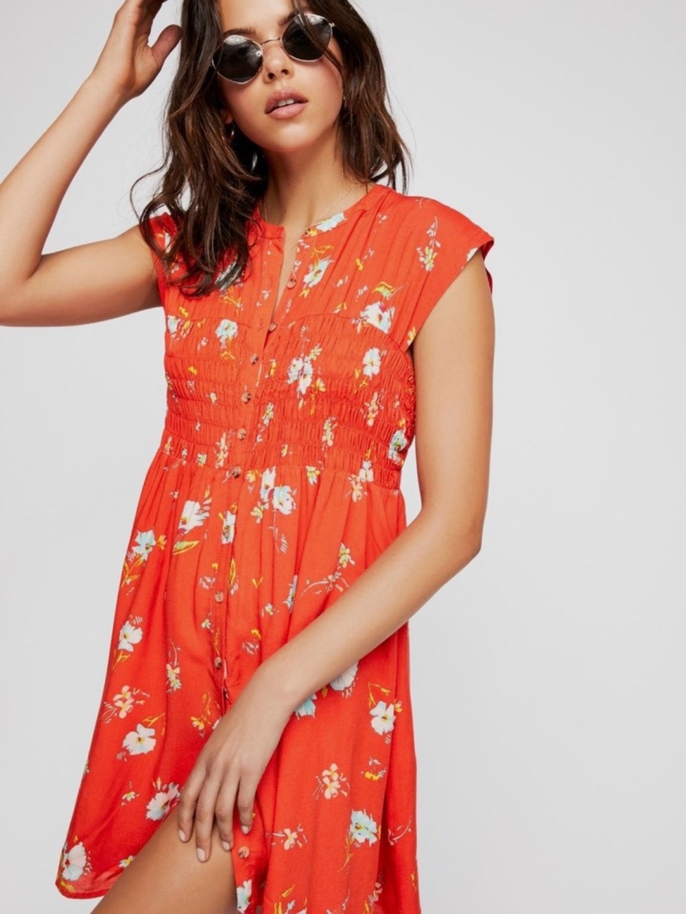 Free People Coral-Orange Floral Smocked Mini Dress/Tunic